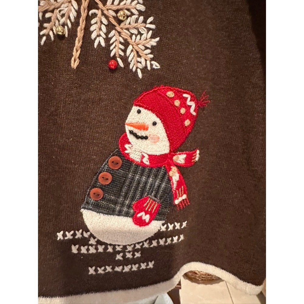 Designers Originals Studio Joy Brown Snowman Christmas Tree Zip Cardigan Sweater - Picture 3 of 10